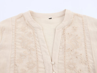 Women's clothing 2025 summer new product fashion European and American style hollow embroidery casual long-sleeved short shirt