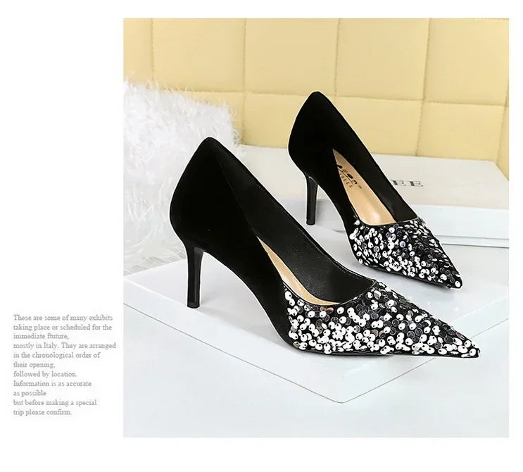 BIGTREE Spring Sequined Cloth Woman Pumps Pointed Toe Low Thin Heels Pole Dancing Party Elegant Ladies Shoes