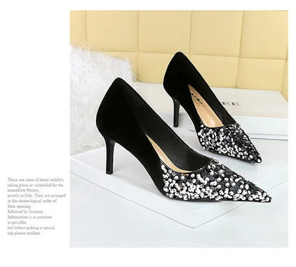 BIGTREE Spring Sequined Cloth Woman Pumps Pointed Toe Low Thin Heels Pole Dancing Party Elegant Ladies Shoes