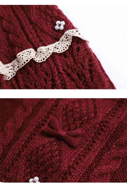 Women Clothing 2022 Autumn Winter Vintage Lovely Lace Doll Neck Wine Red Sweater Languid Breeze Soft Waxy Sweet Sweater Women