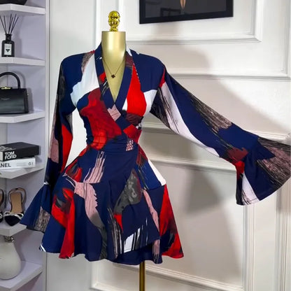 Women's Clothing 2025 Summer New Sweet Fresh Printed V-neck Tie Bell Sleeve High Waist Dress Short Skirt Vestido Women Elegant