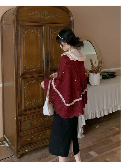 Women Clothing 2022 Autumn Winter Vintage Lovely Lace Doll Neck Wine Red Sweater Languid Breeze Soft Waxy Sweet Sweater Women