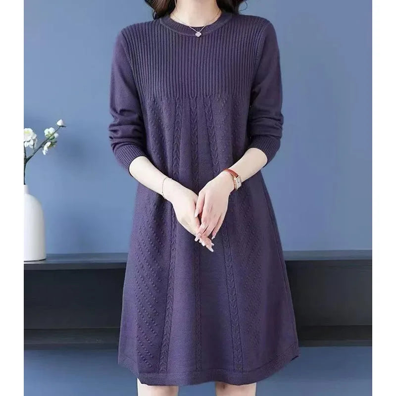 Women's Clothing Elegant All-match Solid Knit Dresses Autumn Winter New Casual Loose Long Sleeve Knee-Length Sweater Pullovers