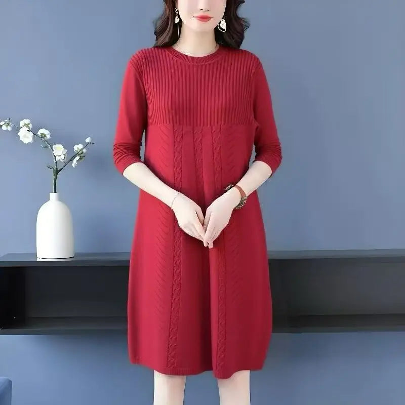Women's Clothing Elegant All-match Solid Knit Dresses Autumn Winter New Casual Loose Long Sleeve Knee-Length Sweater Pullovers