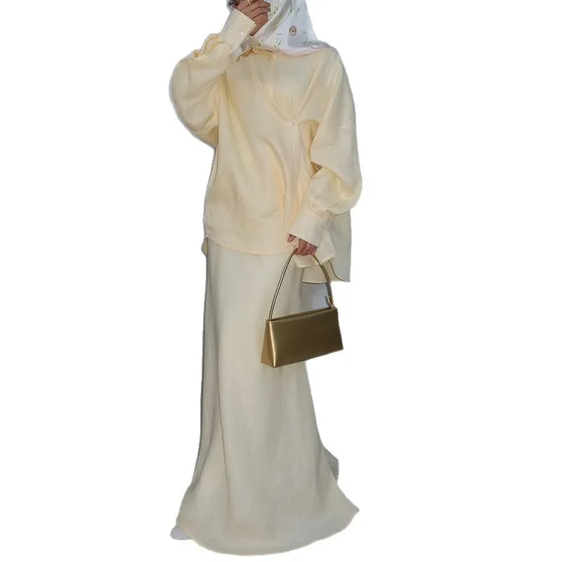 Women's Clothing 2025 Summer New Fashion Design Sense Lapel Long Sleeved Shirt High Waist Skirt Set