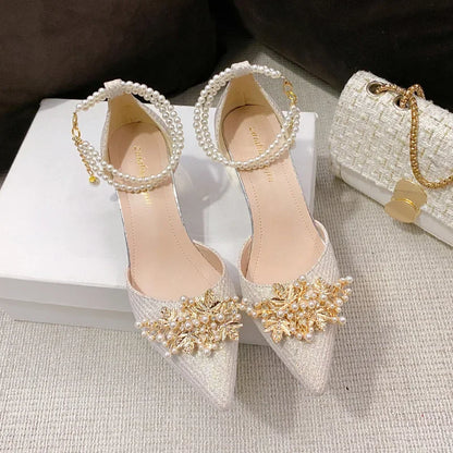 Ladies Shoes on Sale  Fashion Pointed Metal Beaded Solid Women's High Heels Summer Leisure Banquet Women Wedding Pump 2024