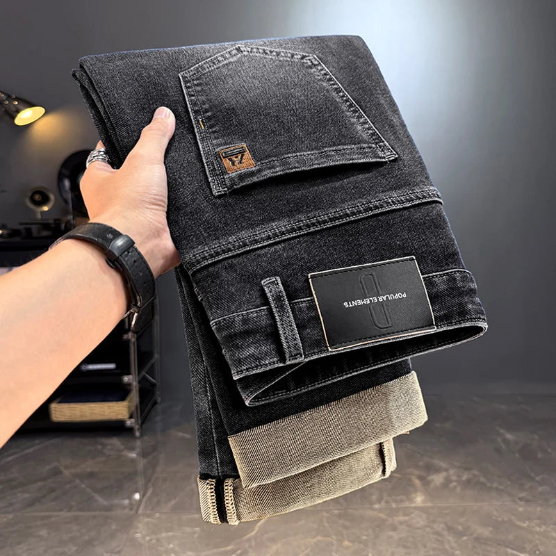 Men's Jeans Casual Long Straight Stretch Denim Pants Autumn Winter Classic Belted Jeans Korean Fashion Blue Black Jean Trousers