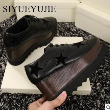 Lady platform shoes, genuine leather wedge square toe women shoes, woman Loafer Stars Women Lace-up shoes for spring autumn
