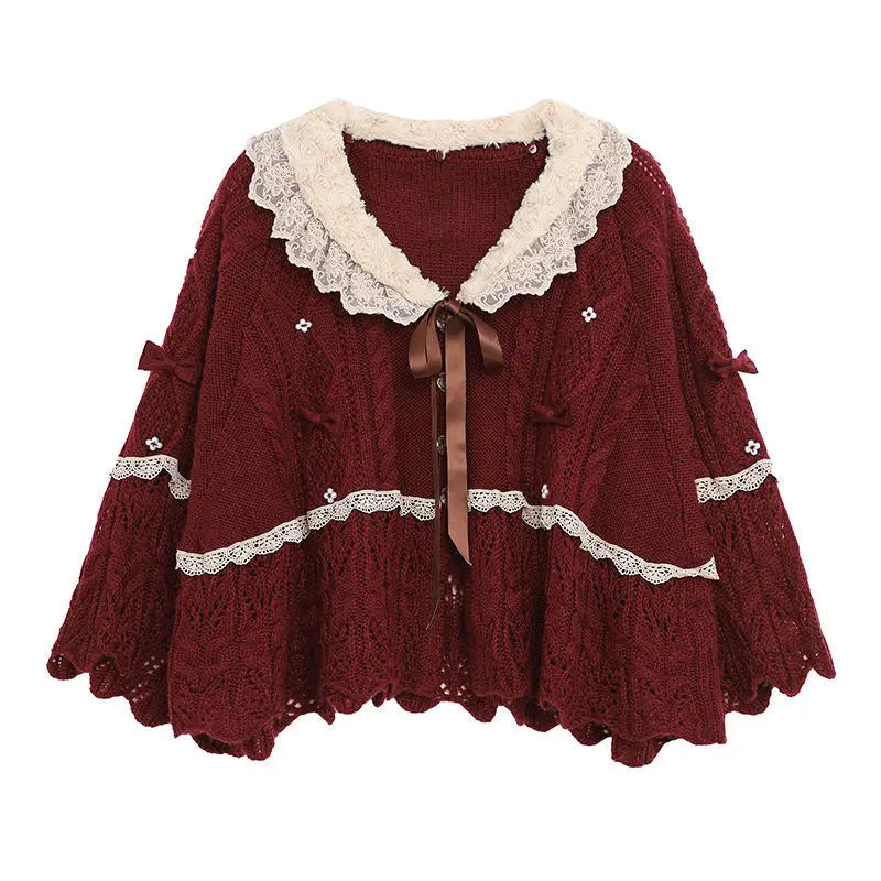 Women Clothing 2022 Autumn Winter Vintage Lovely Lace Doll Neck Wine Red Sweater Languid Breeze Soft Waxy Sweet Sweater Women