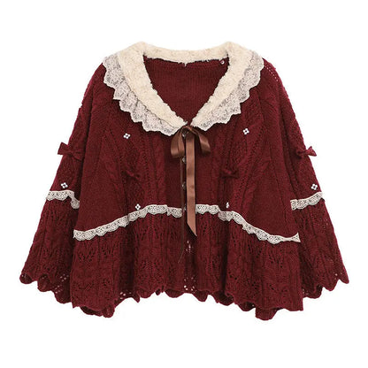 Women Clothing 2022 Autumn Winter Vintage Lovely Lace Doll Neck Wine Red Sweater Languid Breeze Soft Waxy Sweet Sweater Women