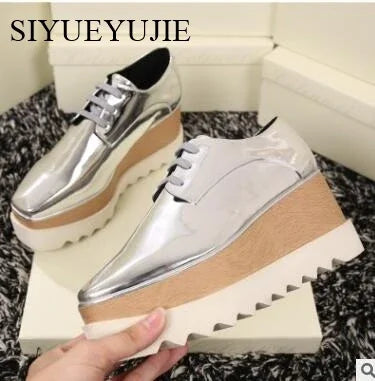 Lady platform shoes, genuine leather wedge square toe women shoes, woman Loafer Stars Women Lace-up shoes for spring autumn