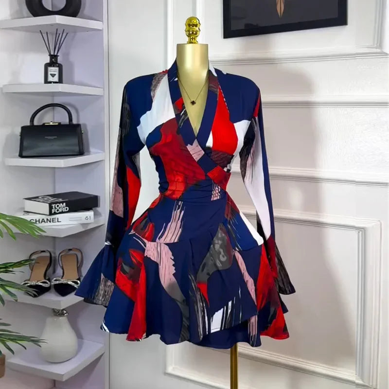 Women's Clothing 2025 Summer New Sweet Fresh Printed V-neck Tie Bell Sleeve High Waist Dress Short Skirt Vestido Women Elegant