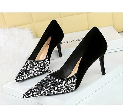 BIGTREE Spring Sequined Cloth Woman Pumps Pointed Toe Low Thin Heels Pole Dancing Party Elegant Ladies Shoes