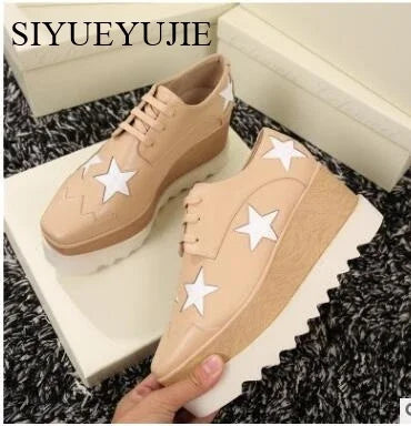 Lady platform shoes, genuine leather wedge square toe women shoes, woman Loafer Stars Women Lace-up shoes for spring autumn
