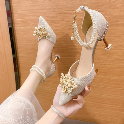 Ladies Shoes on Sale  Fashion Pointed Metal Beaded Solid Women's High Heels Summer Leisure Banquet Women Wedding Pump 2024