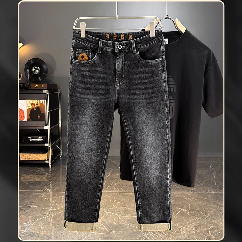 Men's Jeans Casual Long Straight Stretch Denim Pants Autumn Winter Classic Belted Jeans Korean Fashion Blue Black Jean Trousers