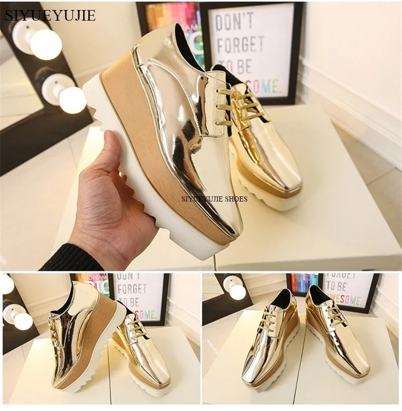 Lady platform shoes, genuine leather wedge square toe women shoes, woman Loafer Stars Women Lace-up shoes for spring autumn