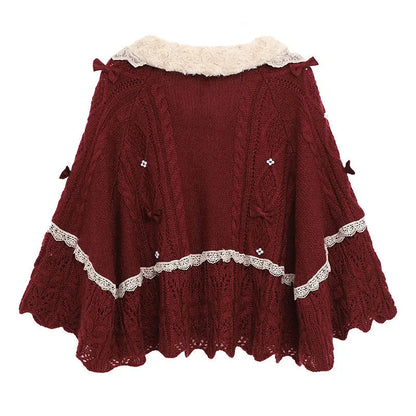 Women Clothing 2022 Autumn Winter Vintage Lovely Lace Doll Neck Wine Red Sweater Languid Breeze Soft Waxy Sweet Sweater Women