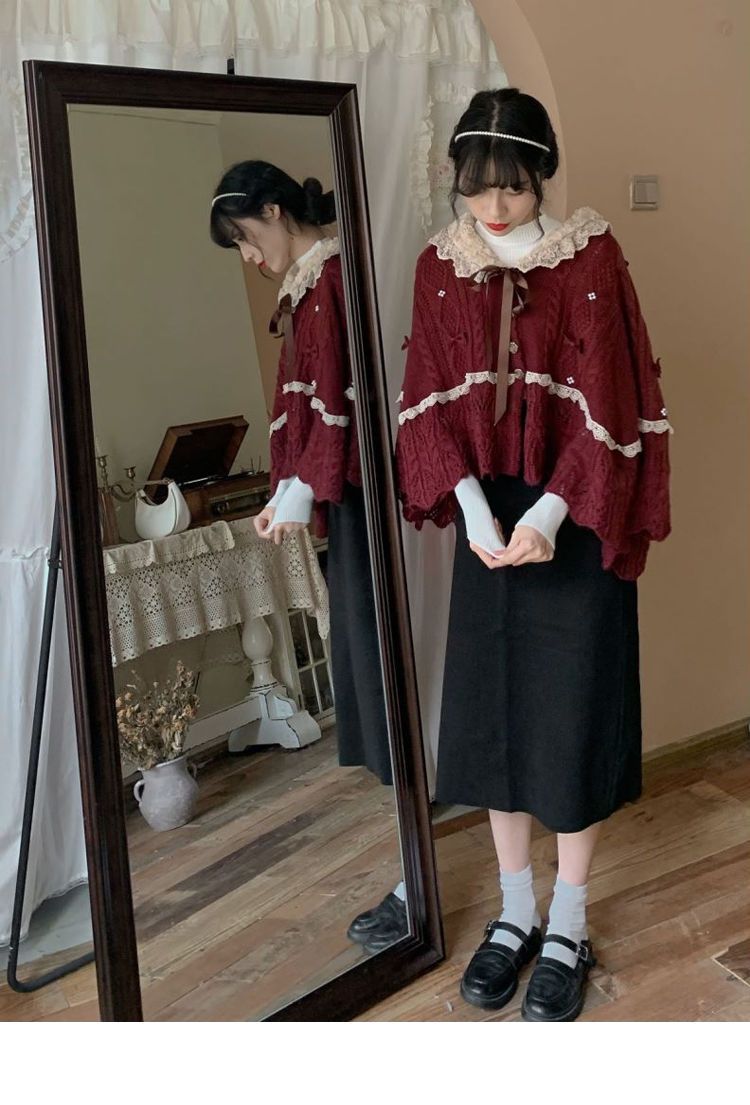 Women Clothing 2022 Autumn Winter Vintage Lovely Lace Doll Neck Wine Red Sweater Languid Breeze Soft Waxy Sweet Sweater Women