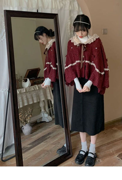 Women Clothing 2022 Autumn Winter Vintage Lovely Lace Doll Neck Wine Red Sweater Languid Breeze Soft Waxy Sweet Sweater Women