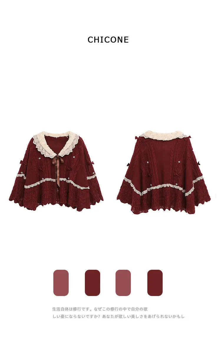 Women Clothing 2022 Autumn Winter Vintage Lovely Lace Doll Neck Wine Red Sweater Languid Breeze Soft Waxy Sweet Sweater Women