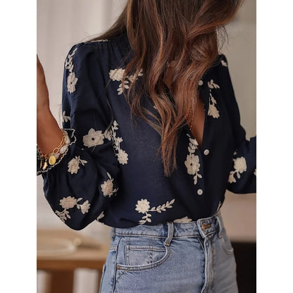 Women's Clothing 2025 Spring Autumn Fashion Casual Long-sleeved Printed Blouse with A Collar and Puff Sleeves Office Lady Shirt