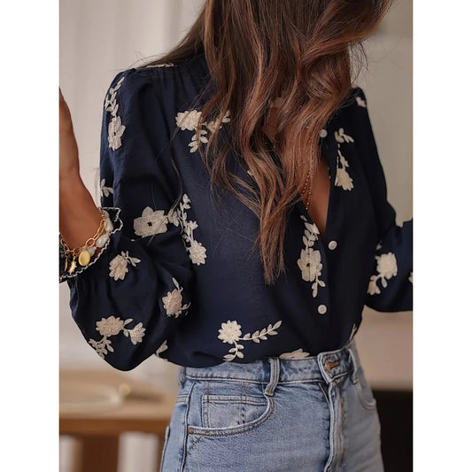 Women's Clothing 2025 Spring Autumn Fashion Casual Long-sleeved Printed Blouse with A Collar and Puff Sleeves Office Lady Shirt