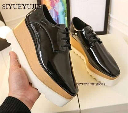 Lady platform shoes, genuine leather wedge square toe women shoes, woman Loafer Stars Women Lace-up shoes for spring autumn