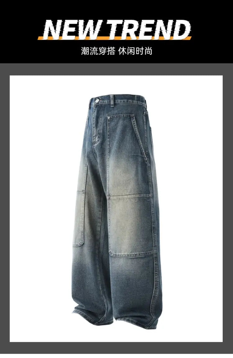 Men's Jeans Spring And Autumn Fashion Straight Tube Loose Washed Casual American Retro Original Color Wide Rivet Logging Pants