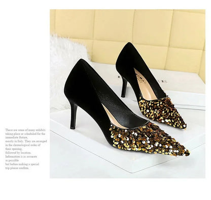 BIGTREE Spring Sequined Cloth Woman Pumps Pointed Toe Low Thin Heels Pole Dancing Party Elegant Ladies Shoes