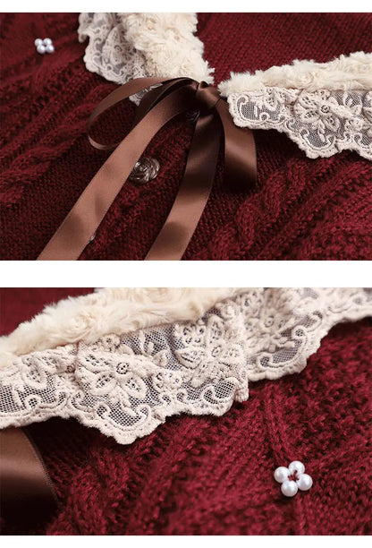 Women Clothing 2022 Autumn Winter Vintage Lovely Lace Doll Neck Wine Red Sweater Languid Breeze Soft Waxy Sweet Sweater Women