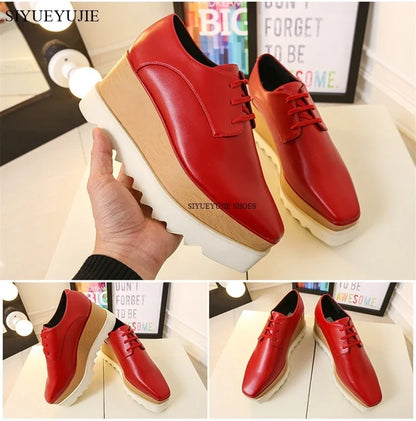 Lady platform shoes, genuine leather wedge square toe women shoes, woman Loafer Stars Women Lace-up shoes for spring autumn