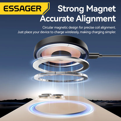 Essager Magnetic Wireless Charger With Holder 15W Fast Charging For iPhone17 16 15 14Pro Max Airpods Mini Wireless Phone Charger