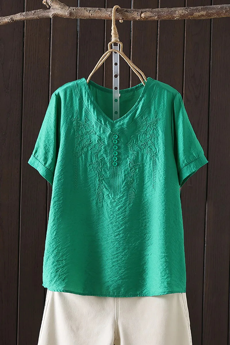 Women Clothing Streetwear Casual Fashion Elegant Cotton Linen Embroidery Vintage Clothes Tops Shirts for Women Tees