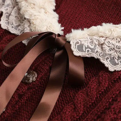 Women Clothing 2022 Autumn Winter Vintage Lovely Lace Doll Neck Wine Red Sweater Languid Breeze Soft Waxy Sweet Sweater Women