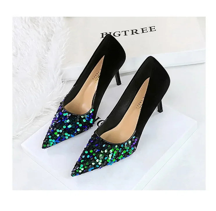 BIGTREE Spring Sequined Cloth Woman Pumps Pointed Toe Low Thin Heels Pole Dancing Party Elegant Ladies Shoes