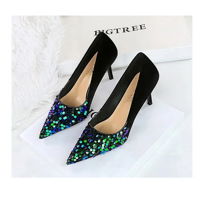 BIGTREE Spring Sequined Cloth Woman Pumps Pointed Toe Low Thin Heels Pole Dancing Party Elegant Ladies Shoes