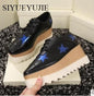 Lady platform shoes, genuine leather wedge square toe women shoes, woman Loafer Stars Women Lace-up shoes for spring autumn