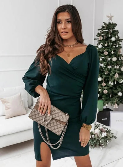 Women's Clothing  Autumn and Winter New Fashion Commuter V-neck Party Dress Ladies Cross Long Sleeve Pullover Dress