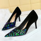 BIGTREE Spring Sequined Cloth Woman Pumps Pointed Toe Low Thin Heels Pole Dancing Party Elegant Ladies Shoes