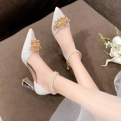 Ladies Shoes on Sale  Fashion Pointed Metal Beaded Solid Women's High Heels Summer Leisure Banquet Women Wedding Pump 2024