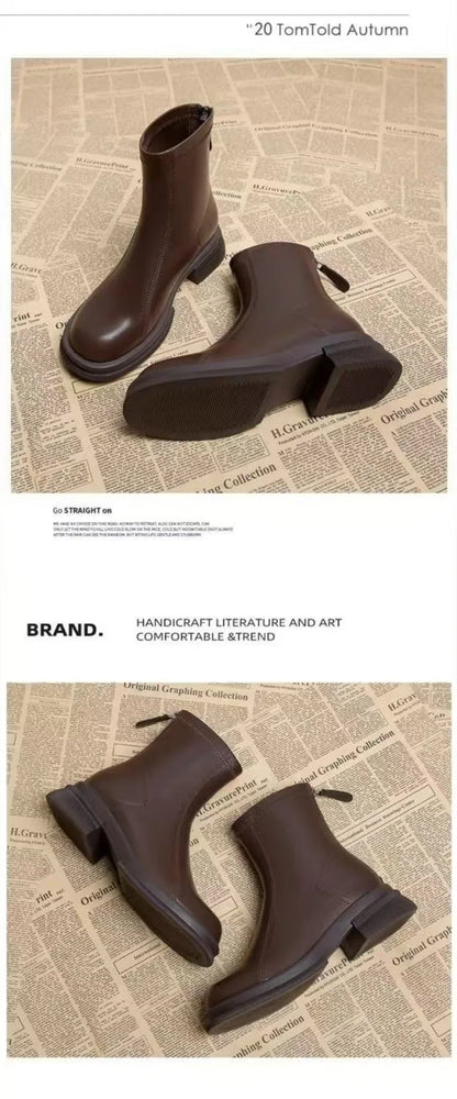 Ladies Shoes 2024 Concise Modern Women's Boots Classics Ankle Boots Women Round Toe Med Heel Back Zip Sewing Outdoor Shoes Women