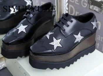 Lady platform shoes, genuine leather wedge square toe women shoes, woman Loafer Stars Women Lace-up shoes for spring autumn