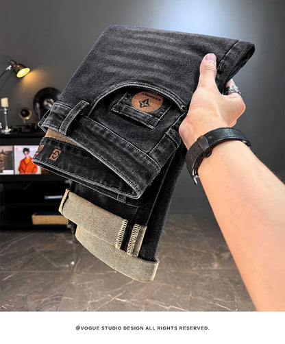 Men's Jeans Casual Long Straight Stretch Denim Pants Autumn Winter Classic Belted Jeans Korean Fashion Blue Black Jean Trousers