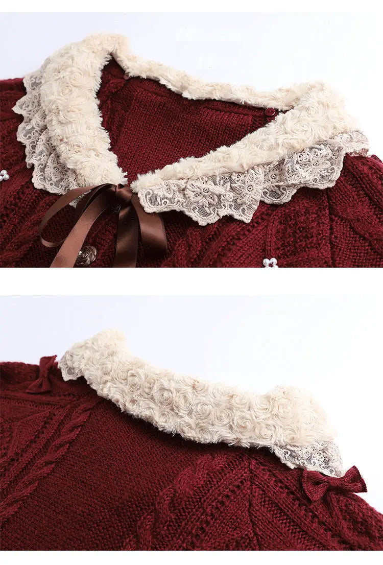 Women Clothing 2022 Autumn Winter Vintage Lovely Lace Doll Neck Wine Red Sweater Languid Breeze Soft Waxy Sweet Sweater Women