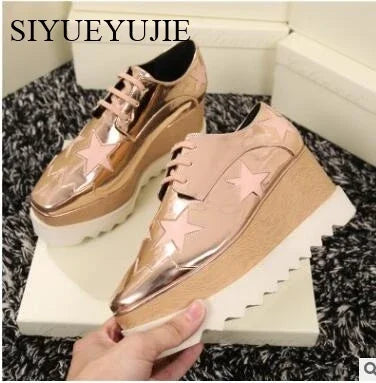 Lady platform shoes, genuine leather wedge square toe women shoes, woman Loafer Stars Women Lace-up shoes for spring autumn