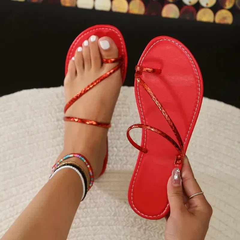 Ladies Shoes 2025 Brand Basic Slippers Women Outdoor Beach Casual Round Toe Narrow Band Women's Flat with Thimble Toe Sandals