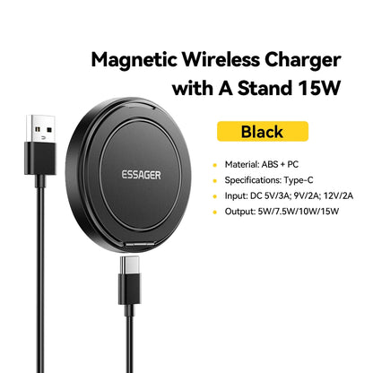 Essager Magnetic Wireless Charger With Holder 15W Fast Charging For iPhone17 16 15 14Pro Max Airpods Mini Wireless Phone Charger