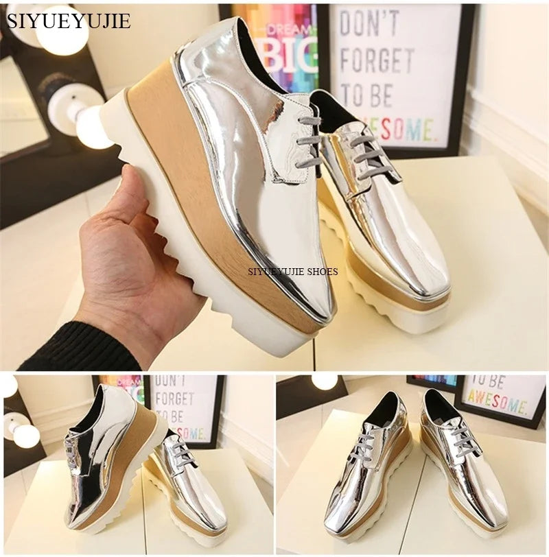 Lady platform shoes, genuine leather wedge square toe women shoes, woman Loafer Stars Women Lace-up shoes for spring autumn