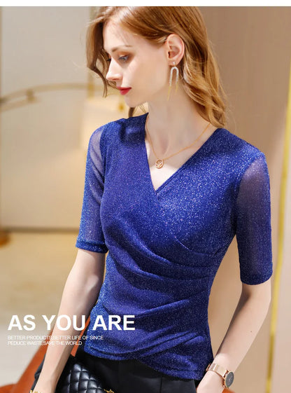 Women's Clothing 2022 Latest Fashion Blouses Elegant Summer T Shirt Free Shiping Elastic Glitter Blouses or Tops for Woman